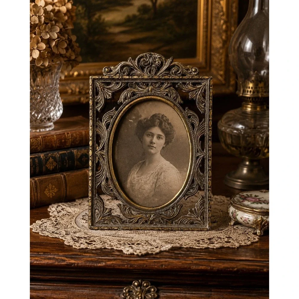 Vintage Ornate Brass Filigree Picture Frame Oval Opening Gold Victorian Style